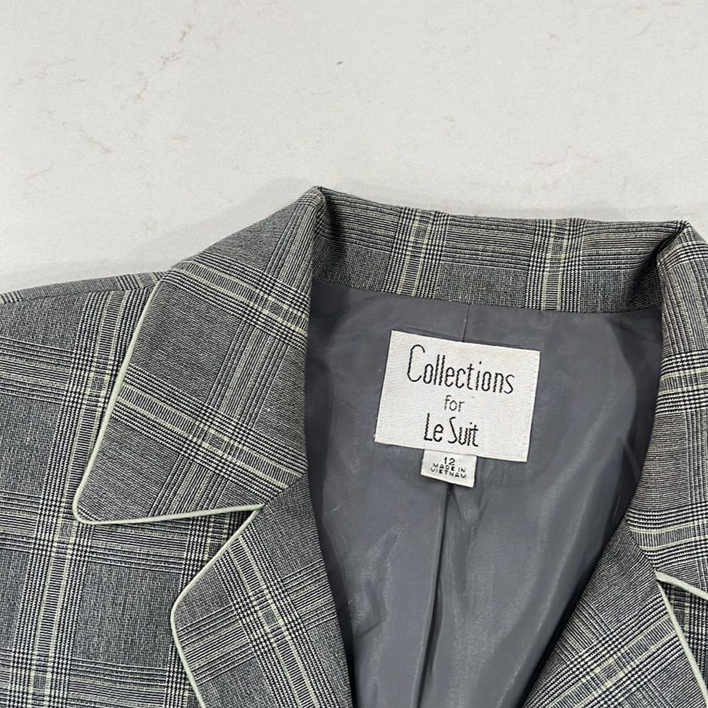 Vintage Le Suit Blazer Women’s Size 12 Gray Mint Plaid Long Sleeve Button Front - Picture 2 of 6
